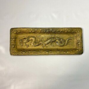 Vintage Metal Tray Asian Dragons With Floral Design 9.75 x 3.75